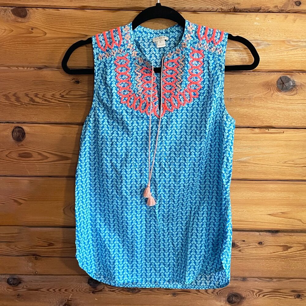 J.Crew Blue and Coral Embroidered Top